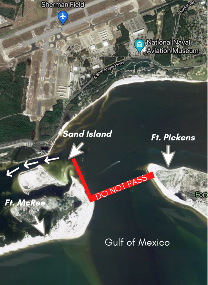 Map of Sand Island area and Pensacola Pass boundaries