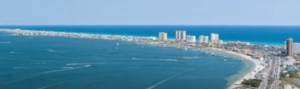 Santa Rosa Sound with Pensacola Beach in the background and the Gulf of Mexico behind.