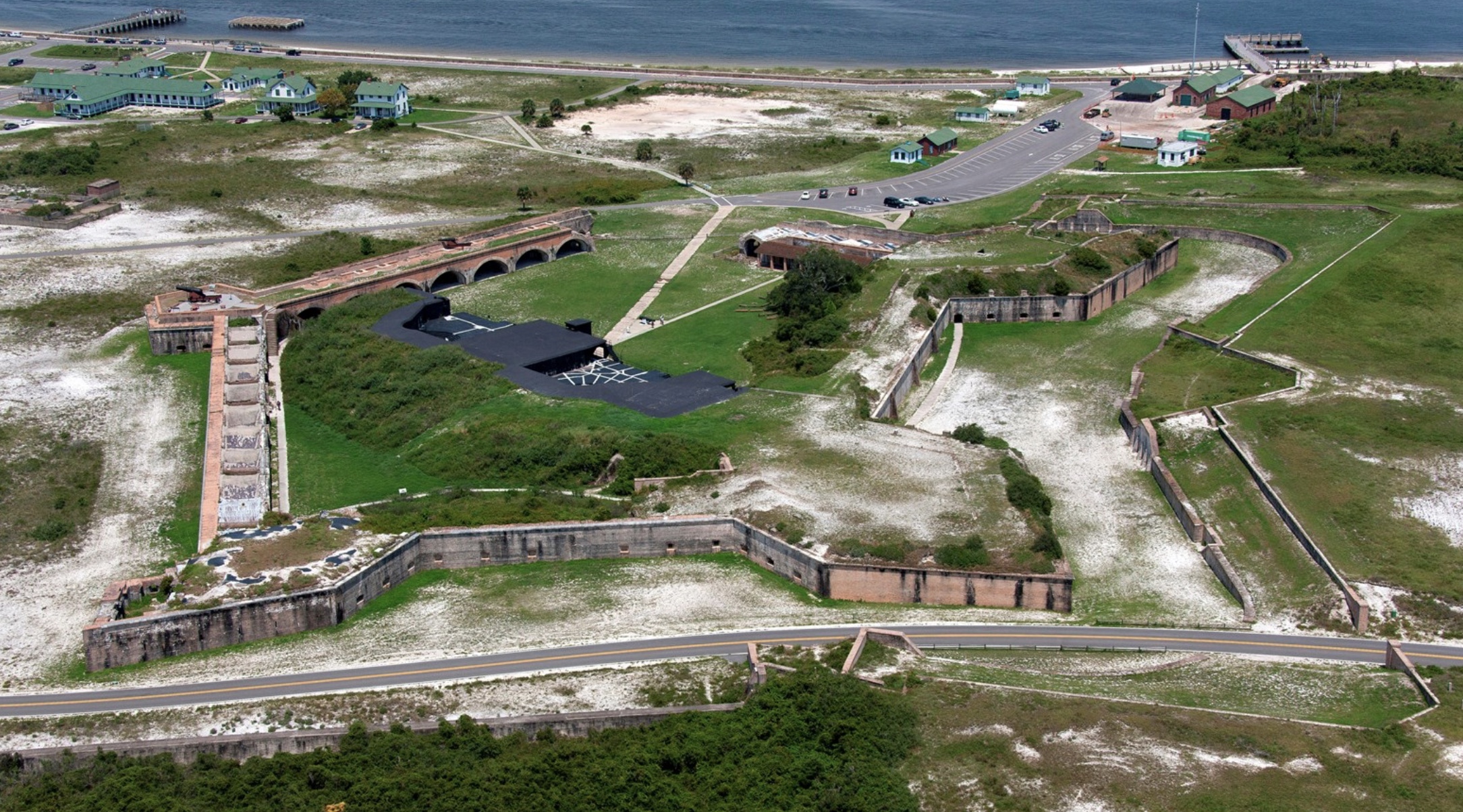 Aerial view of Fort Pickens Gulf Islands National Seashore grounds at the western tip of Santa Rosa Island