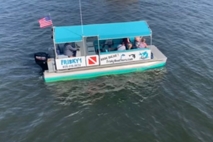 Frisky Mermaid dolphin tour boat cruising with guests aboard in Pensacola Bay