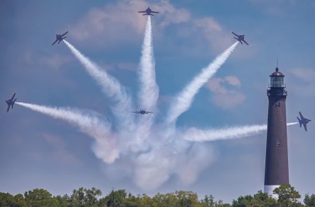 Blue Angels practice near the Pensacola Lighthouse in 5 different direction, one of their maneuvers.