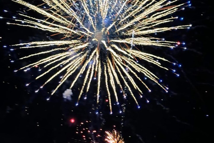 Large fireworks bursting above Pensacola Bay during a nighttime dolphin cruise in Pensacola Beach, Florida