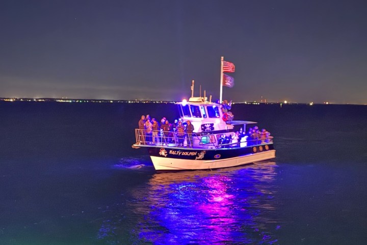 Salty Dolphin tour boat illuminated with colorful lights during a nighttime cruise in Santa Rosa Sound, Pensacola Beach.