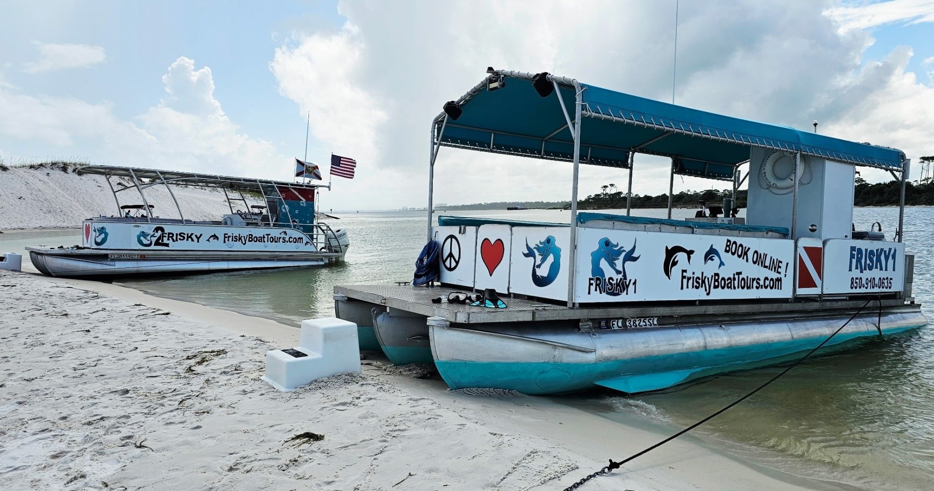 Frisky Mermaid pontoon boat anchored near white sand dunes along Pensacola Beach, Florida.