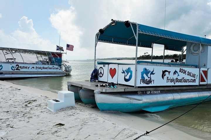 Frisky Mermaid pontoon boat anchored near white sand dunes along Pensacola Beach, Florida.
