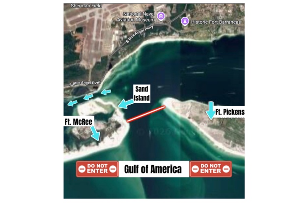 Map of Gulf of America with Sand Island and no-entry markers.