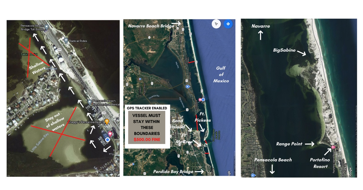 Map of pontoon boat rental boundaries and destinations from Sabine Marina Pensacola Beach including Sand Island and eastern shore