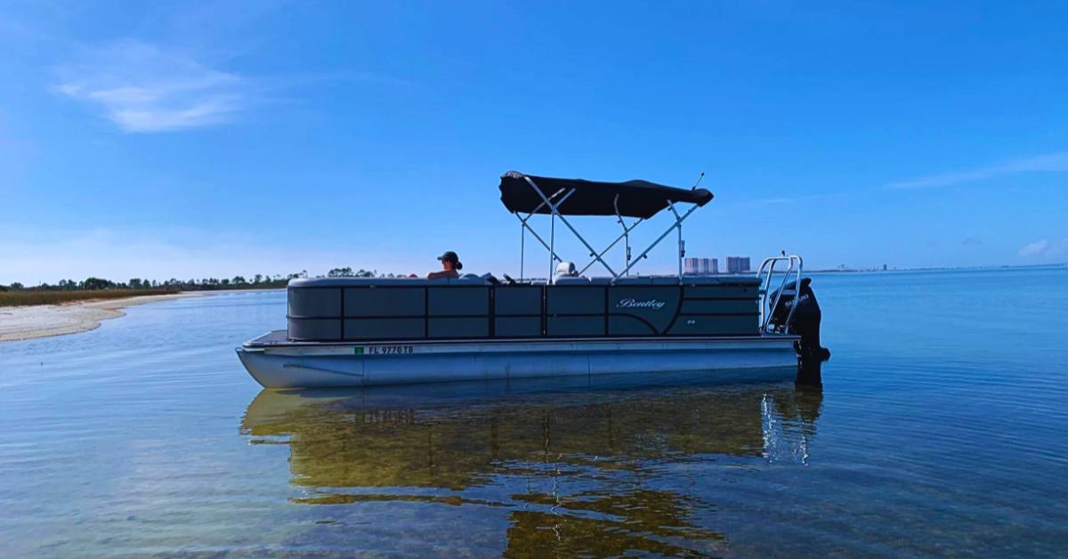 Pontoon boat with canopy on calm water near sandy shore under clear blue sky.