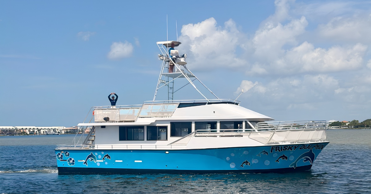 Blue and white boat with dolphin designs on water under a partly cloudy sky.