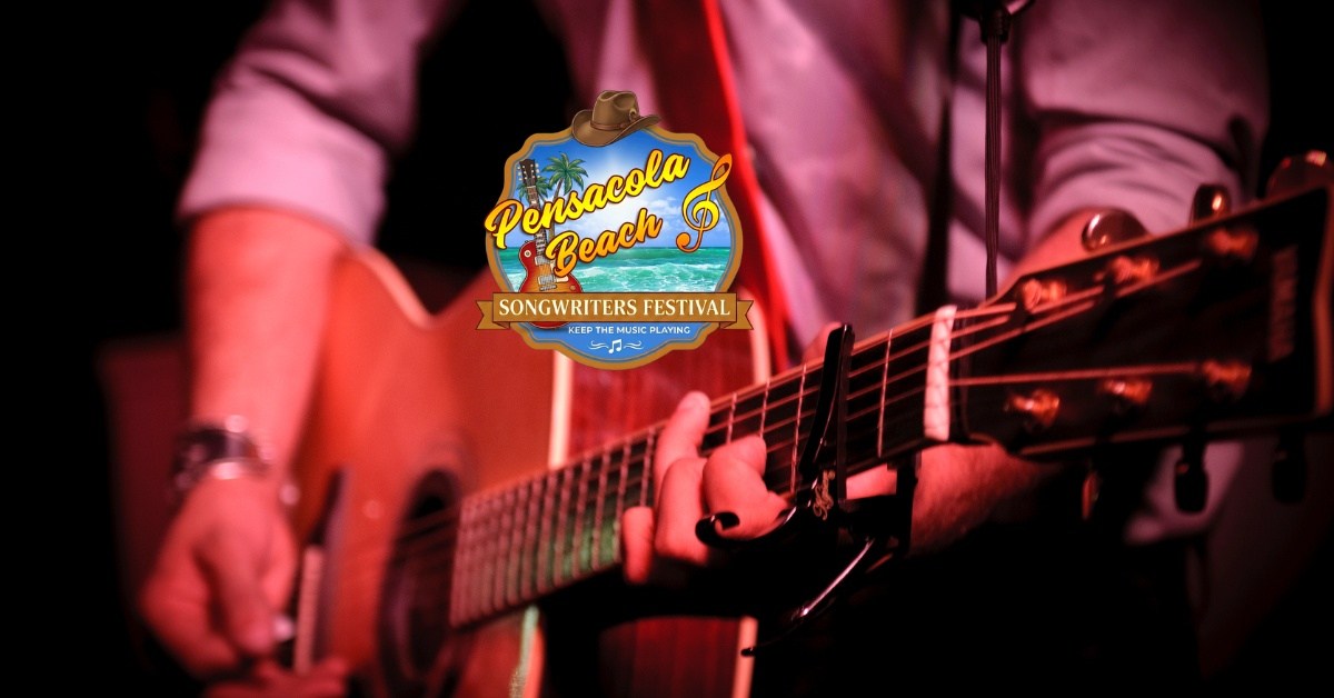 Musician playing guitar with Pensacola Beach Songwriters Festival logo.